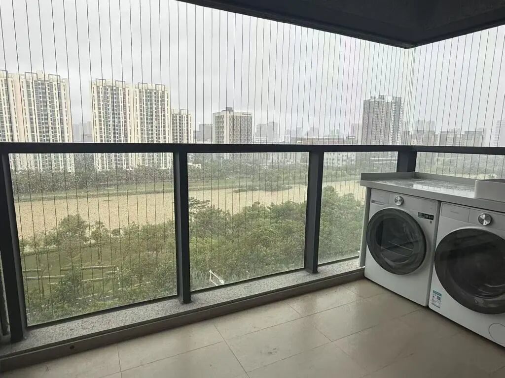 臺風來臨前，張青把陽臺上的綠植搬回了室內，陽臺上只剩下洗衣機。