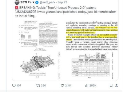 特斯拉“真正開箱式工藝2.0”專利獲批，馬斯克稱生產(chǎn)周期或縮至10秒內(nèi)